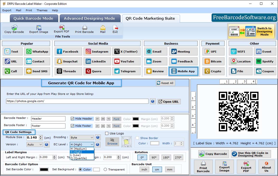 Corporate barcode QR code Marketing suite