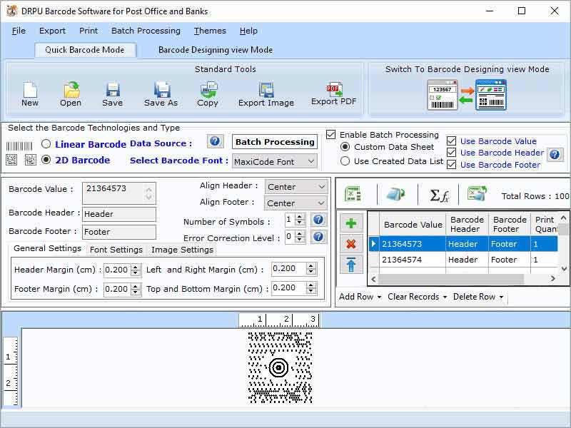 Postal Barcode Printing Application screenshot